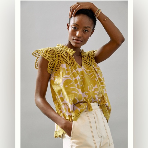 ANTHROPOLOGIE Blue Tassel Charlize Blouse Peasant Crochet XS - Picture 2 of 8